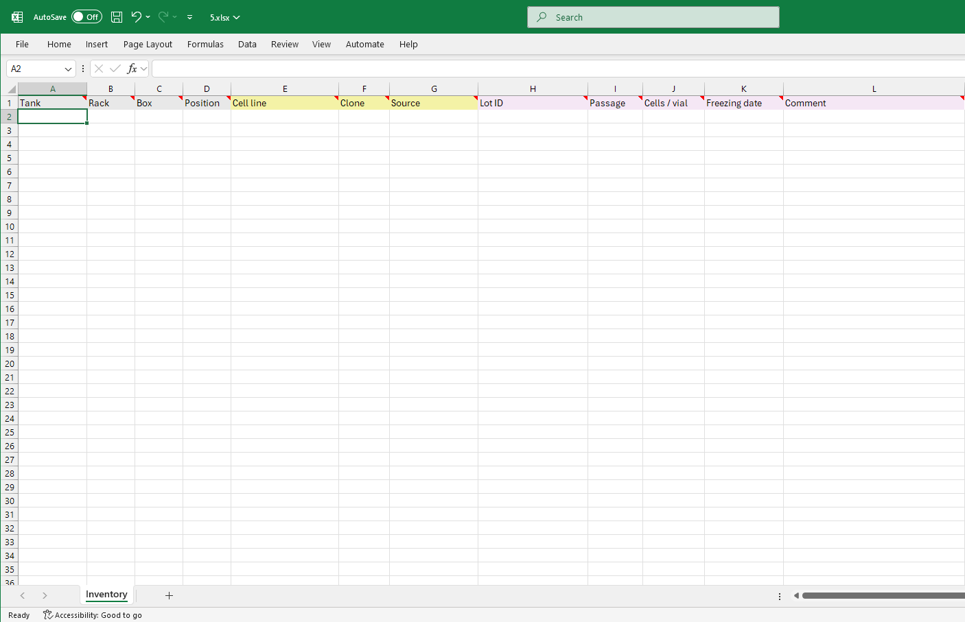 Screenshot of the Excel Import Template